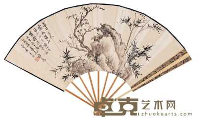 吴子深 谭泽闿 壬午（1942）年作 霜柯筠石 行书 成扇 18.5×48cm